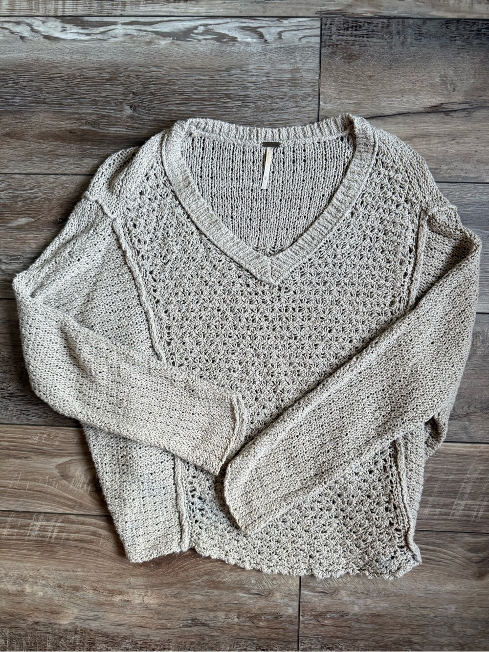 Free People Cream Open-Knit V-Neck Sweater